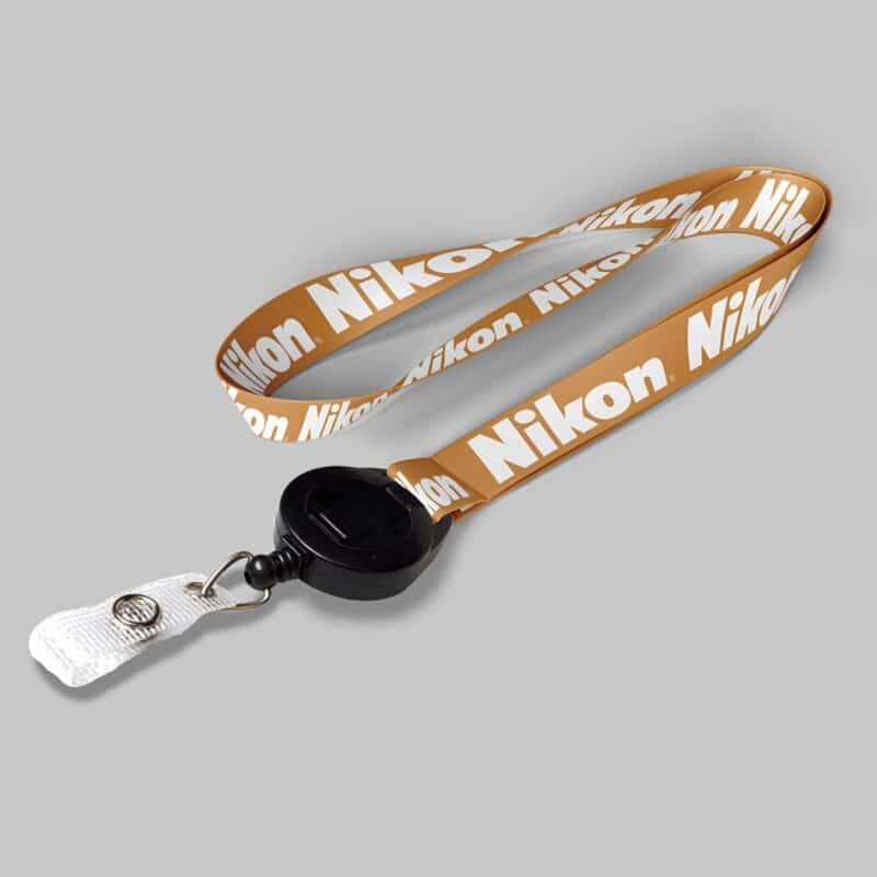 1/2" Dark Yellow custom lanyard printed with company logo with Black Badge Reel attachment 0.50"