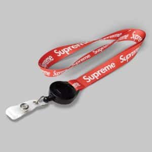 1/2" Red custom lanyard printed with company logo with Black Badge Reel attachment 0.50"