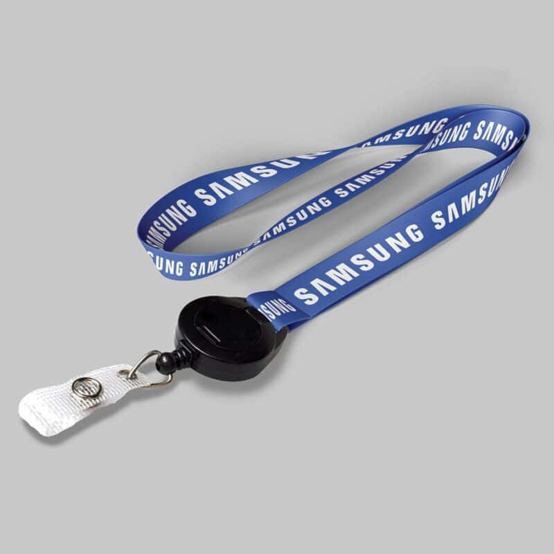 1/2" Royal Blue custom lanyard printed with company logo with Black Badge Reel attachment 0.50"