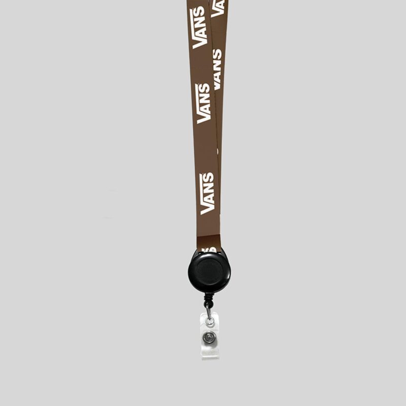 3/4" Brown custom lanyard printed with company logo with Black Badge Reel attachment 0.75" - 1