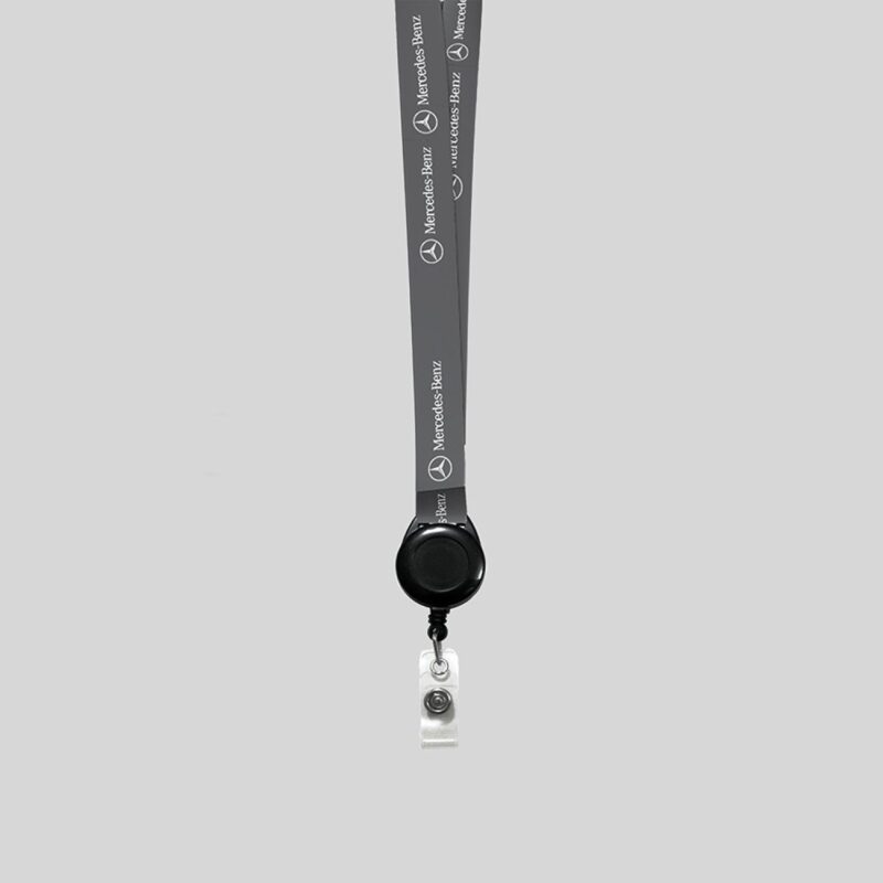 3/4" Charcoal custom lanyard printed with company logo with Black Badge Reel attachment 0.75" - 1