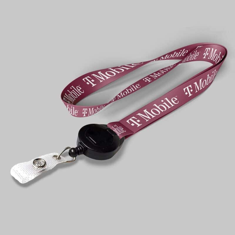 3/4" Fuchsia custom lanyard printed with company logo with Black Badge Reel attachment 0.75"
