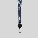 3/4" Navy Blue custom lanyard printed with company logo with Black Badge Reel attachment 0.75" - 1