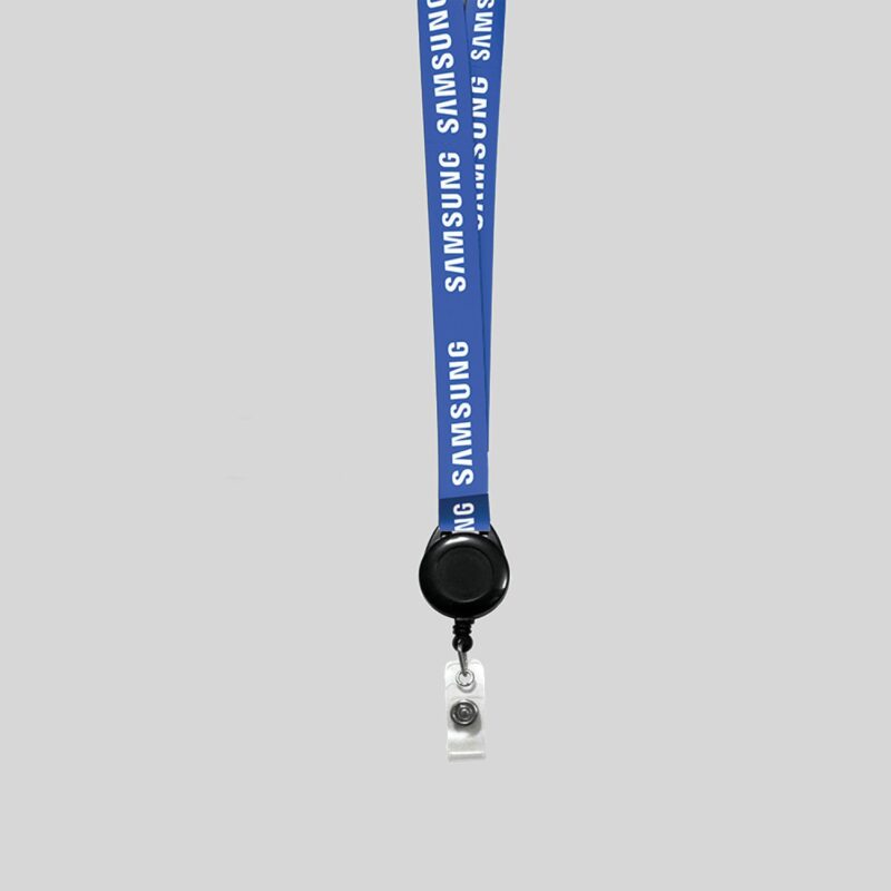 3/4" Royal Blue custom lanyard printed with company logo with Black Badge Reel attachment 0.75" - 1