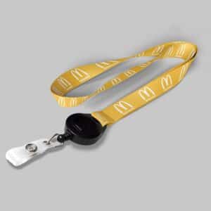 3/4" Yellow custom lanyard printed with company logo with Black Badge Reel attachment 0.75"