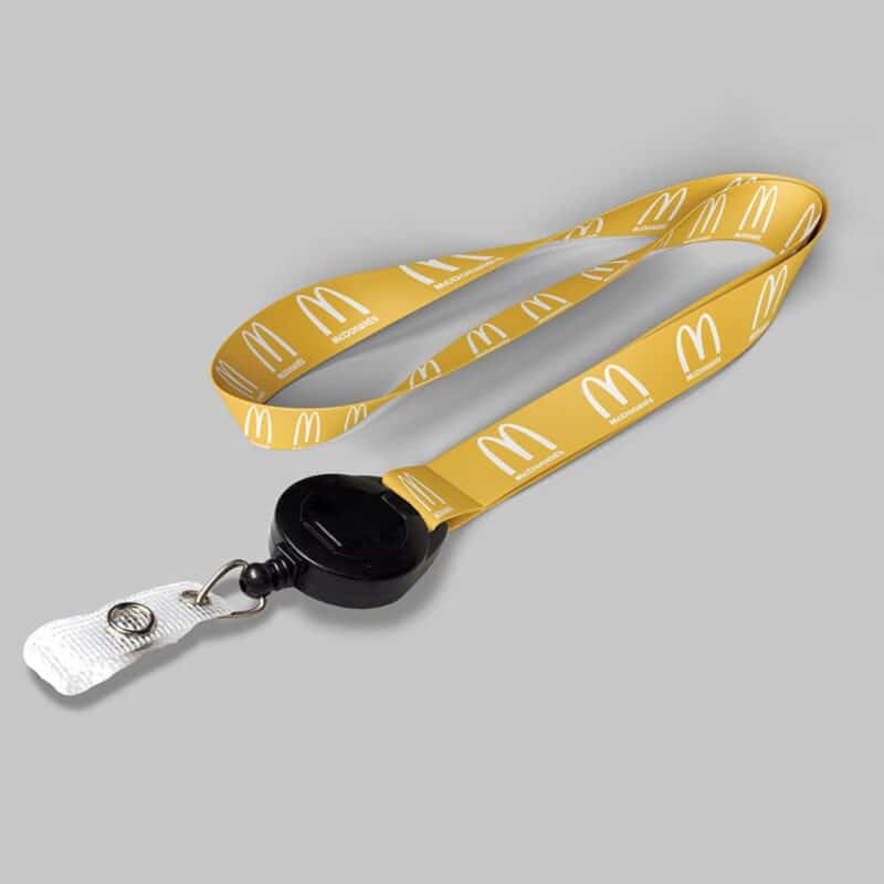 3/4" Yellow custom lanyard printed with company logo with Black Badge Reel attachment 0.75"