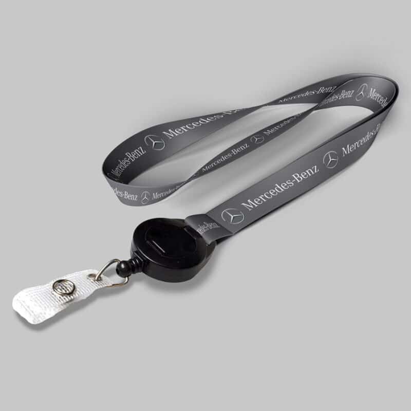 5/8" Charcoal custom lanyard printed with company logo with Black Badge Reel attachment 0.625"