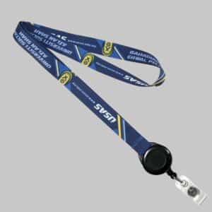 5/8" Full Color custom lanyard printed with company logo with Black Badge Reel attachment 0.625"