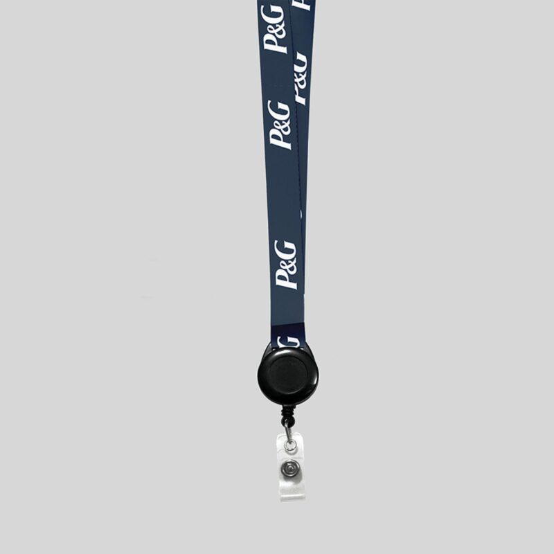 5/8" Navy Blue custom lanyard printed with company logo with Black Badge Reel attachment 0.625" - 1