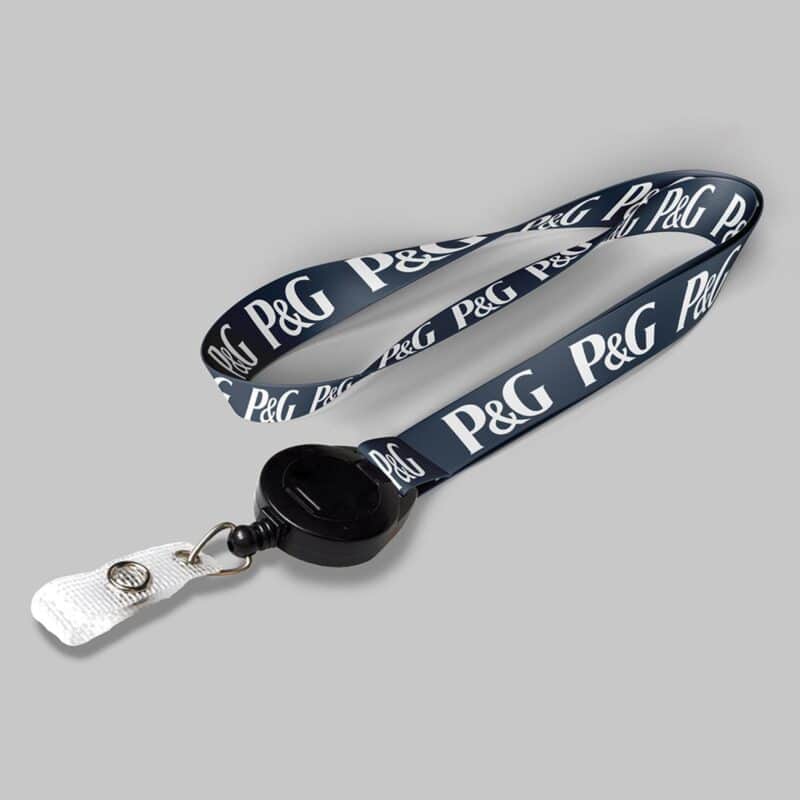5/8" Navy Blue custom lanyard printed with company logo with Black Badge Reel attachment 0.625"
