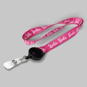 5/8" Pink custom lanyard printed with company logo with Black Badge Reel attachment 0.625"