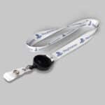 5/8" White custom lanyard printed with company logo with Black Badge Reel attachment 0.625"