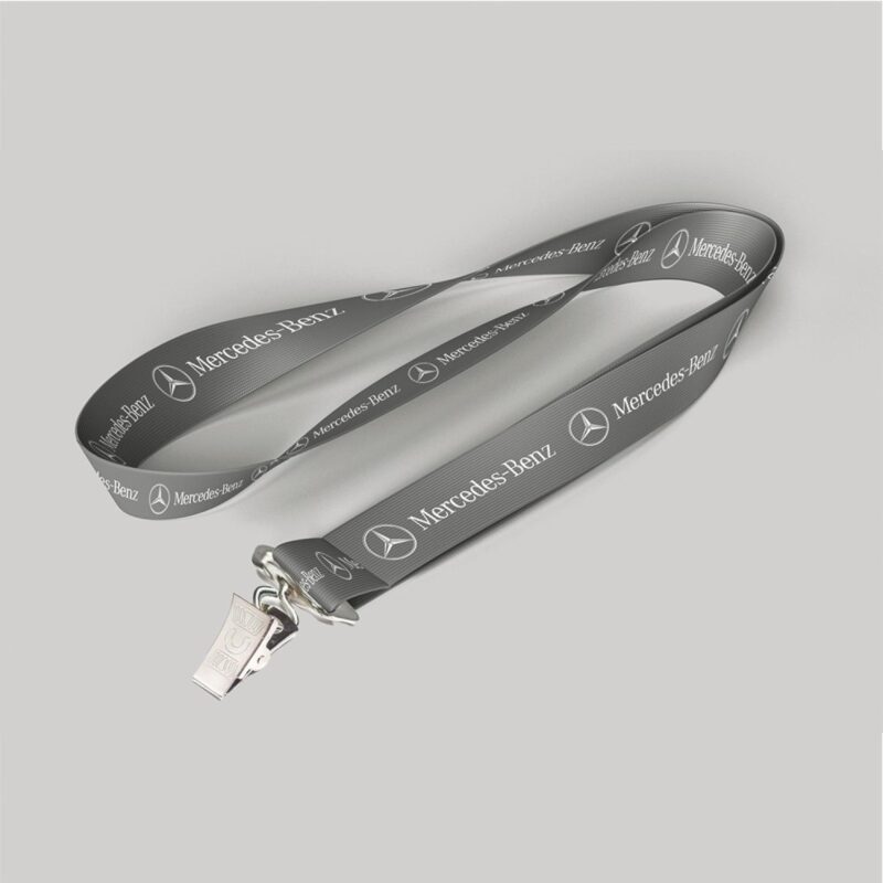 1" Charcoal custom lanyard printed with company logo with Bulldog Clip attachment 1"
