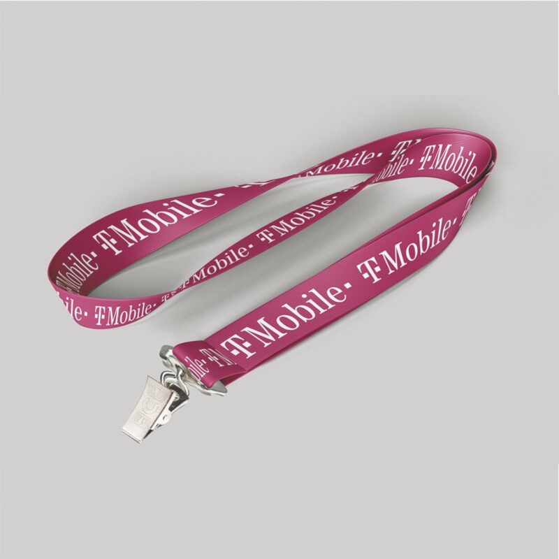 1" Fuchsia custom lanyard printed with company logo with Bulldog Clip attachment 1"