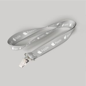 1" Gray custom lanyard printed with company logo with Bulldog Clip attachment 1"