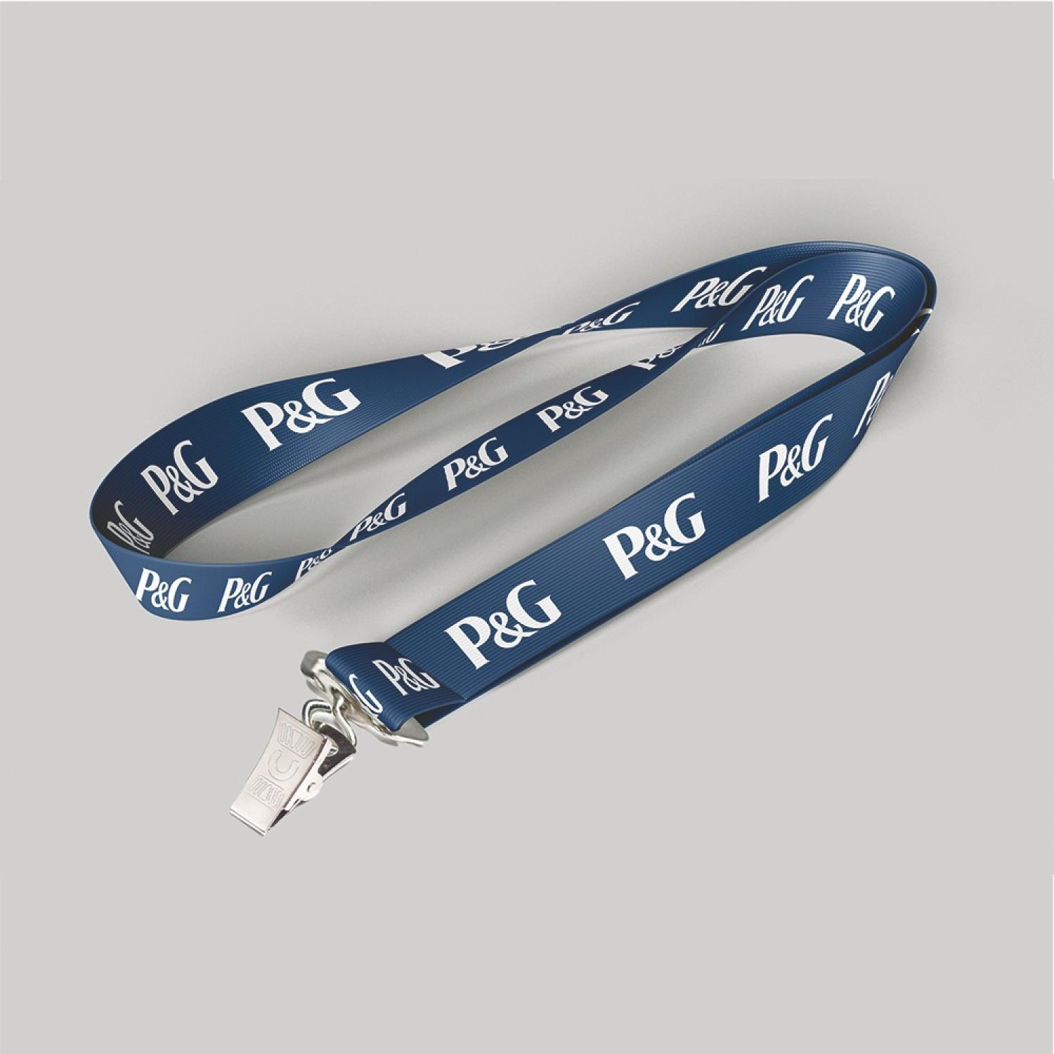 1/2" Navy Blue custom lanyard printed with company logo with Bulldog Clip attachment 0.50"