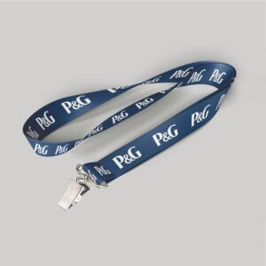 3/4" Navy Blue custom lanyard printed with company logo with bulldog clip attachment 0.75"