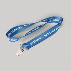 3/4" Royal Blue custom lanyard printed with company logo with Bulldog Clip attachment 0.75"