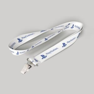 3/4" White custom lanyard printed with company logo with Bulldog Clip attachment 0.75"