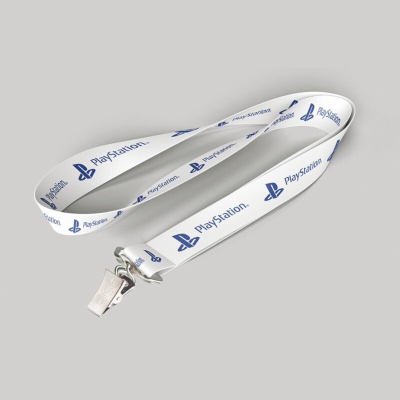3/4" White custom lanyard printed with company logo with Bulldog Clip attachment 0.75"