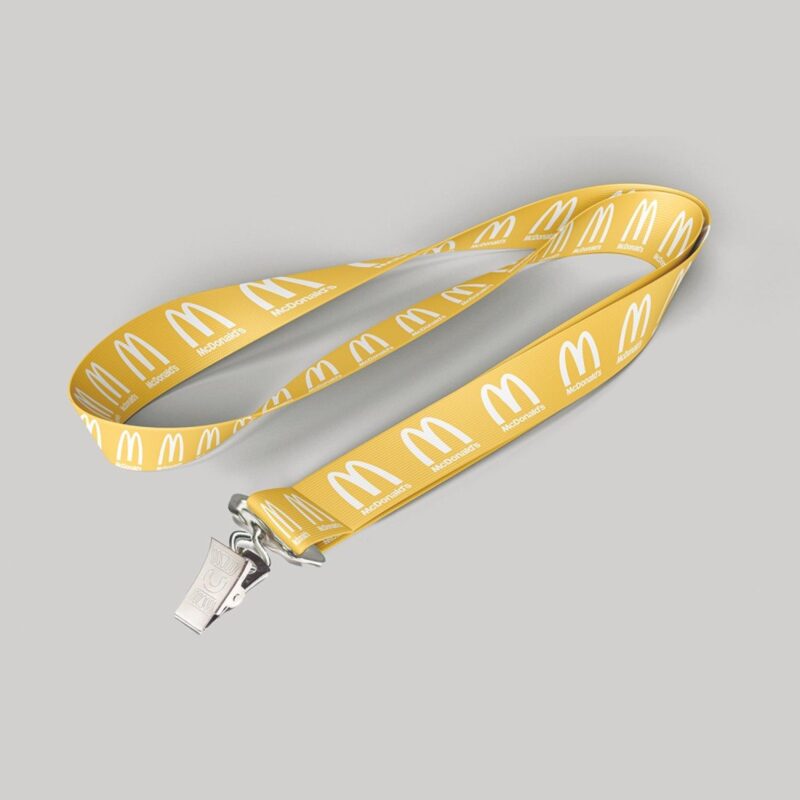3/4" Yellow custom lanyard printed with company logo with Bulldog Clip attachment 0.75"